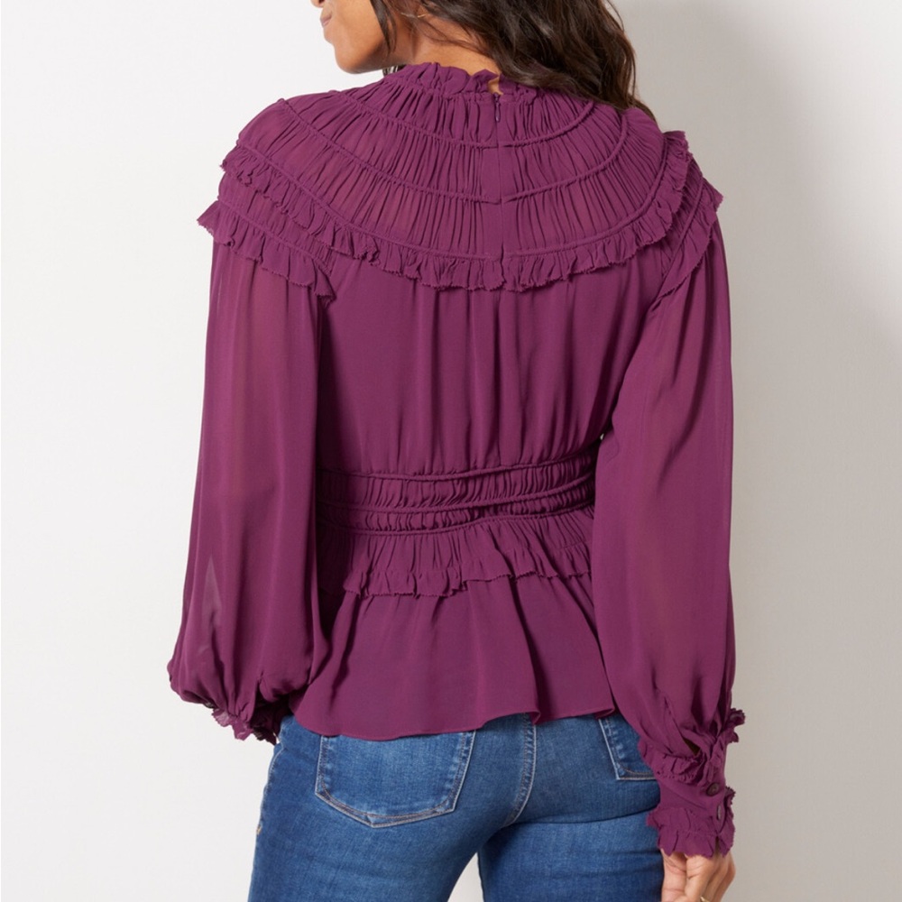Farm Rio Ruffle High Neck Blouse Burgundy NWOT - Picture 6 of 6